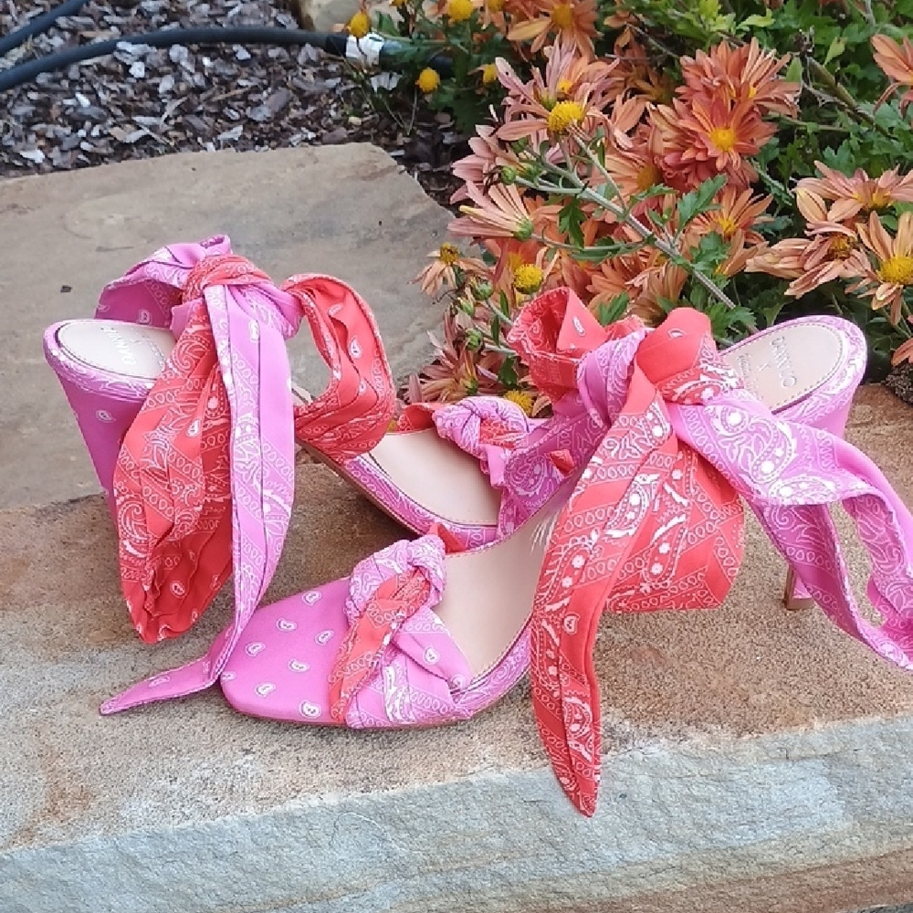 Gianni Bini Dannijo Pink Bandana Festival Wrap Heels Leather Sole Size 9 NWOB - Picture 7 of 12